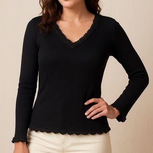 Ziani Couture- Elegant Vintage Black V-Neck Women's Top, Size L-100% Rayon